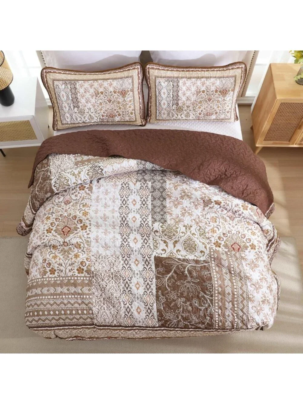 Bohemian Floral Quilt Set Queen Size, 3-Piece Patchwork Bedspread for All